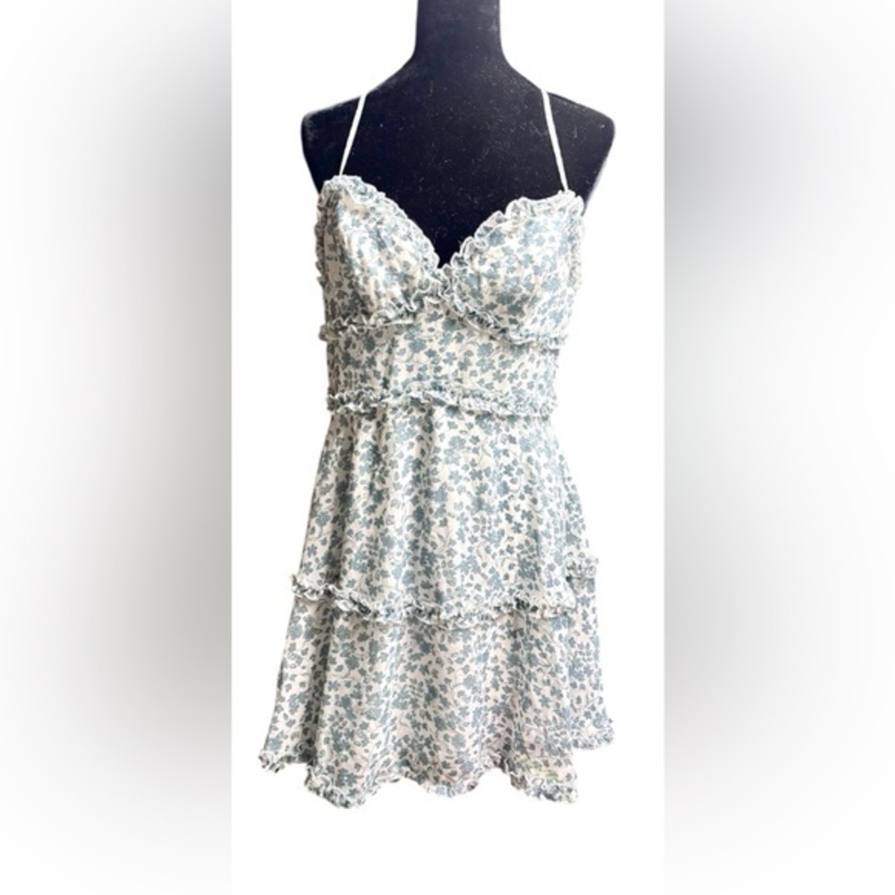 B Smart Y2K Babydoll Floral Cottage White Blue Girly Milkmaid Mini Dress Large
